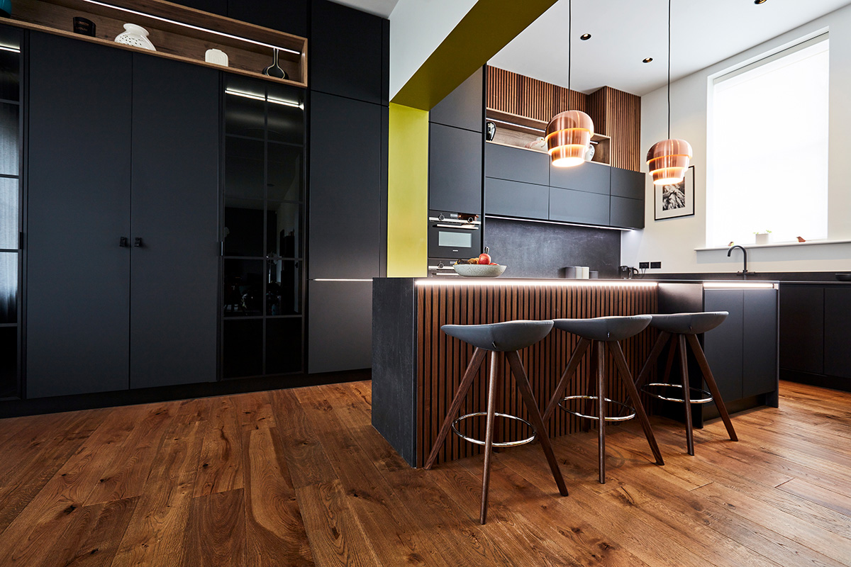 Matt Black Kitchen with waterfall island