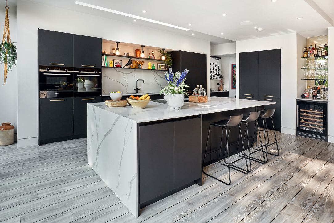 Kitchen island with waterfall edge