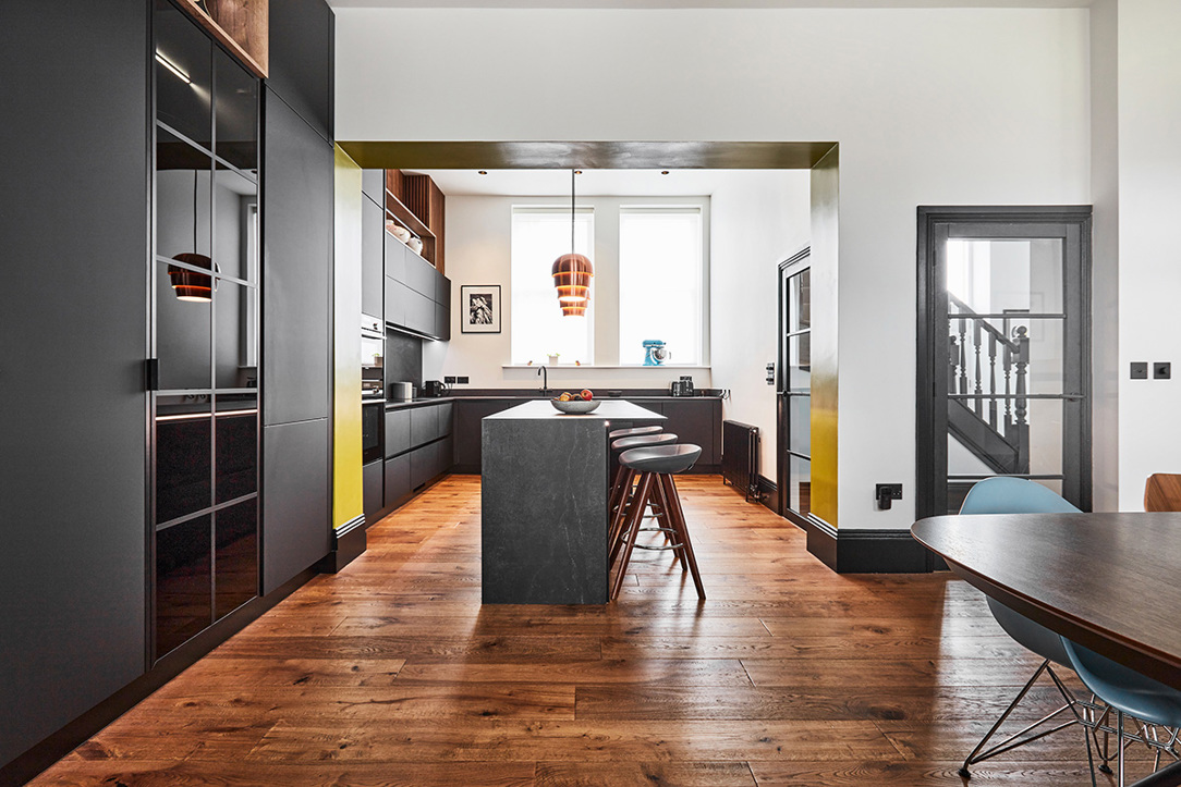 Waterfall kitchen island with shark nose